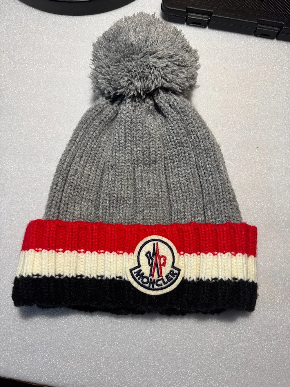 Moncler Kids Gray Knit Pom Beanie with Red, White & Black Stripe Cuff